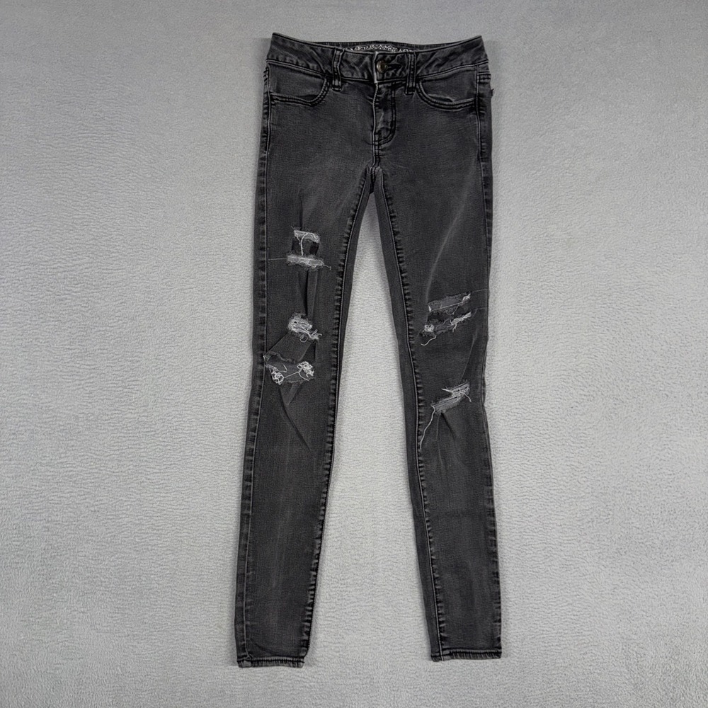 American Eagle Jeans Womens 00 Black Jegging Distressed Low Rise Skinny Denim